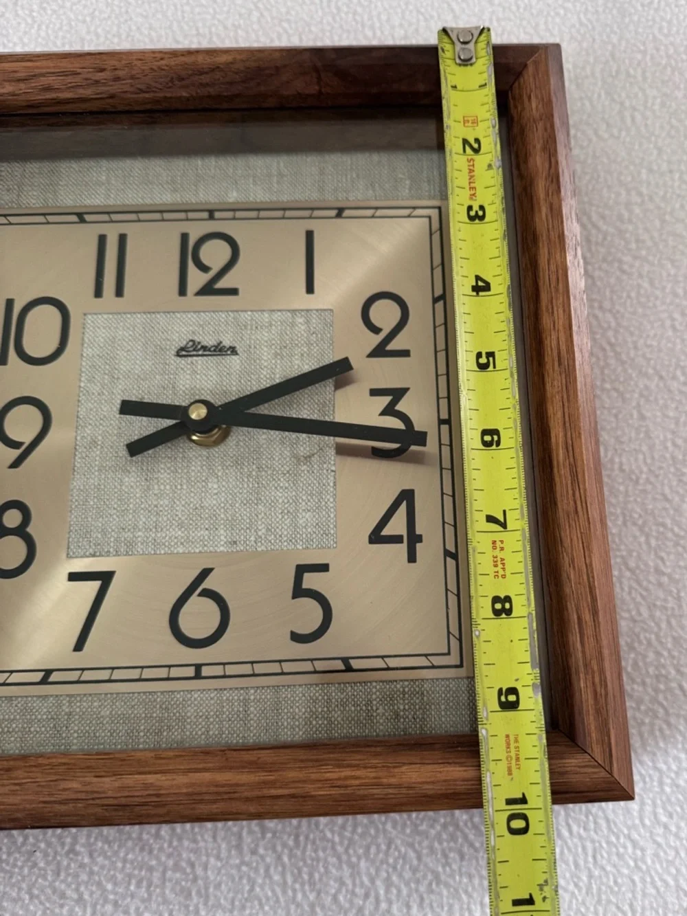Vintage Linden square wall clock, wooden frame, Art Deco style 10”